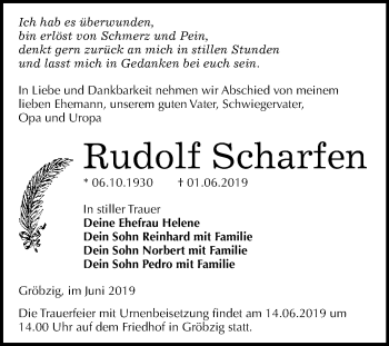 Traueranzeige von Rudolf Scharfen von WVG - Wochenspiegel Dessau / Köthen
