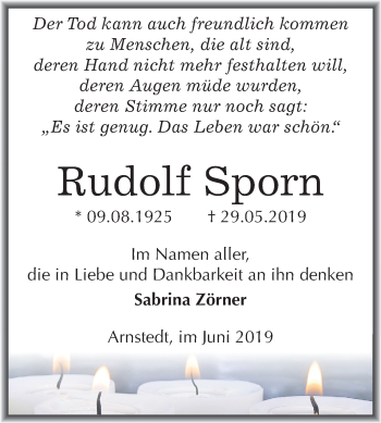 Traueranzeige von Rudolf Sporn von Mitteldeutsche Zeitung