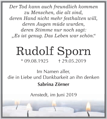 Traueranzeige von Rudolf Sporn von Wochenspiegel Mansfelder Land