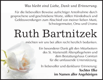 Traueranzeige von Ruth Bartnitzek von WVG - Wochenspiegel NMB / WSF / ZTZ