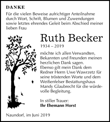 Traueranzeige von Ruth Becker von Mitteldeutsche Zeitung Weißenfels