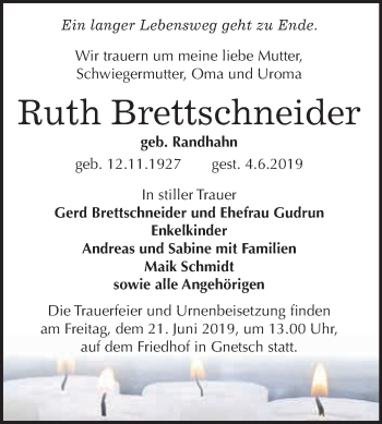 Traueranzeige von Ruth Brettschneider von WVG - Wochenspiegel Dessau / Köthen