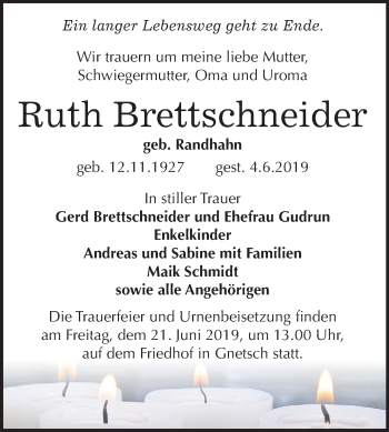 Traueranzeige von Ruth Brettschneider von Mitteldeutsche Zeitung Köthen