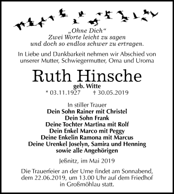 Traueranzeige von Ruth Hinsehe von Mitteldeutsche Zeitung Bitterfeld