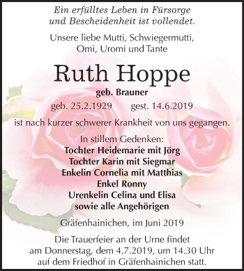 Traueranzeige von Ruth Hoppe von Mitteldeutsche Zeitung