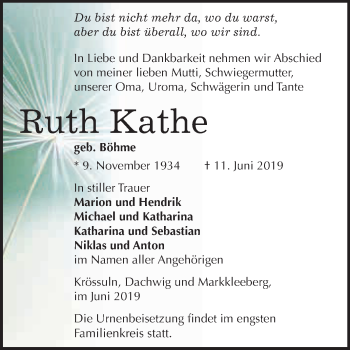 Traueranzeige von Ruth Kathe von WVG - Wochenspiegel NMB / WSF / ZTZ
