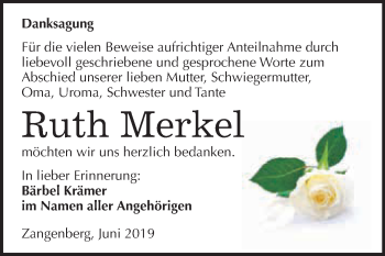 Traueranzeige von Ruth Merkel von WVG - Wochenspiegel NMB / WSF / ZTZ