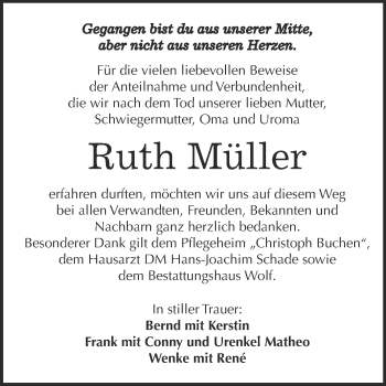 Traueranzeige von Ruth Müller von WVG - Wochenspiegel NMB / WSF / ZTZ