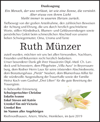 Traueranzeige von Ruth Münzer von Mitteldeutsche Zeitung Sangerhausen