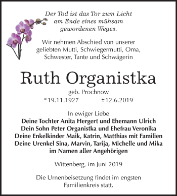 Traueranzeige von Ruth Organistka von Mitteldeutsche Zeitung