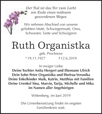 Traueranzeige von Ruth Organistka von Super Sonntag Wittenberg