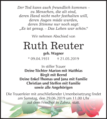 Traueranzeige von Ruth Reuter von Mitteldeutsche Zeitung