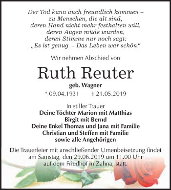 Traueranzeige von Ruth Reuter von WVG - Wochenspiegel Wittenberg