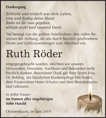 Traueranzeige von Ruth Röder von Mitteldeutsche Zeitung