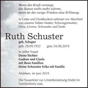 Traueranzeige von Ruth Schuster von Super Sonntag Bernburg