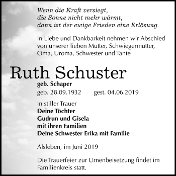 Traueranzeige von Ruth Schuster von Mitteldeutsche Zeitung Bernburg
