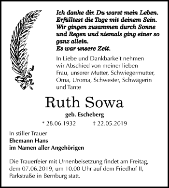 Traueranzeige von Ruth Sowa von Mitteldeutsche Zeitung Bernburg