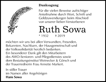 Traueranzeige von Ruth Sowa von Mitteldeutsche Zeitung Bernburg