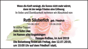 Traueranzeige von Ruth Säuberlich von Mitteldeutsche Zeitung Dessau-Roßlau