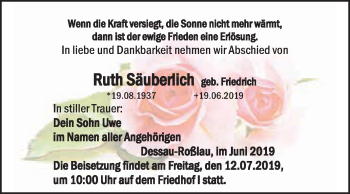 Traueranzeige von Ruth Säuberlich von WVG - Wochenspiegel Dessau / Köthen
