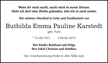 Traueranzeige von Ruthilda Emma Pauline Karstedt von Mitteldeutsche Zeitung Mansfelder Land