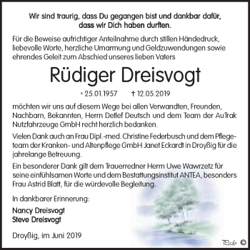 Traueranzeige von Rüdiger Dreisvogt von WVG - Wochenspiegel NMB / WSF / ZTZ