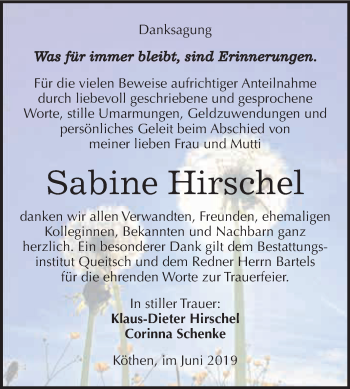 Traueranzeige von Sabine Hirschel von WVG - Wochenspiegel Dessau / Köthen