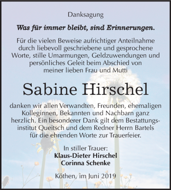Traueranzeige von Sabine Hirschel von Mitteldeutsche Zeitung