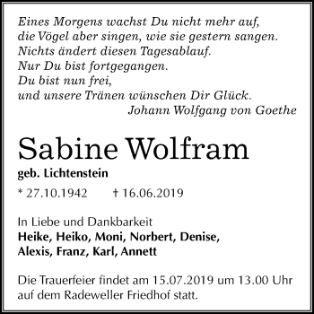 Traueranzeige von Sabine Wolfram von Mitteldeutsche Zeitung Halle/Saalkreis