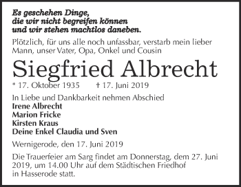 Traueranzeige von Siegfried Albrecht von Super Sonntag Quedlinburg