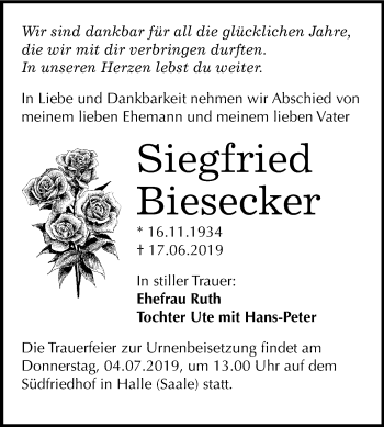 Traueranzeige von Siegfried Biesecker von Mitteldeutsche Zeitung Halle/Saalkreis