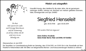 Traueranzeige von Siegfried Henseleit von WVG - Wochenspiegel NMB / WSF / ZTZ