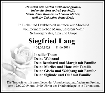 Traueranzeige von Siegfried Lang von Mitteldeutsche Zeitung Dessau-Roßlau