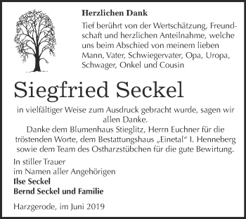 Traueranzeige von Siegfried Seckel von Super Sonntag Quedlinburg