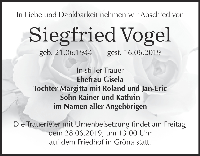  Traueranzeige für Siegfried Vogel vom 22.06.2019 aus Super Sonntag Bernburg