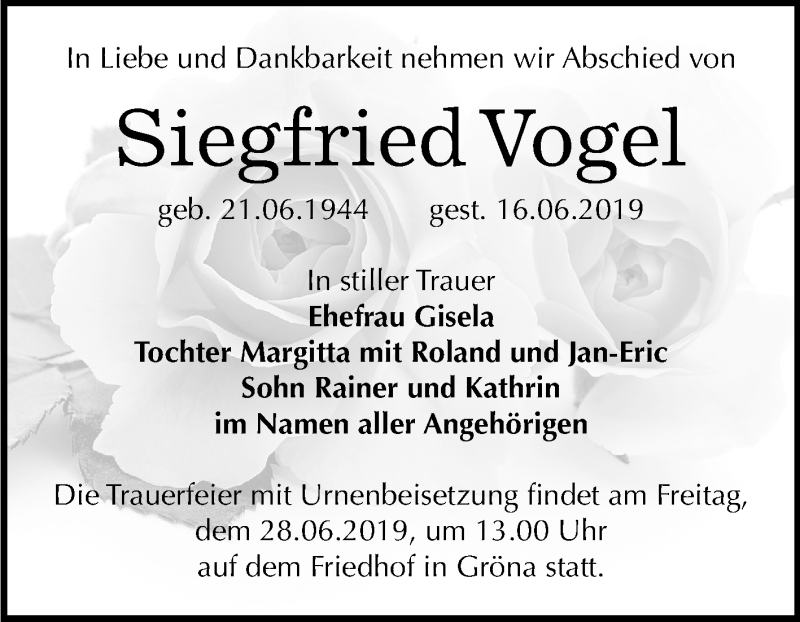  Traueranzeige für Siegfried Vogel vom 22.06.2019 aus Mitteldeutsche Zeitung Bernburg