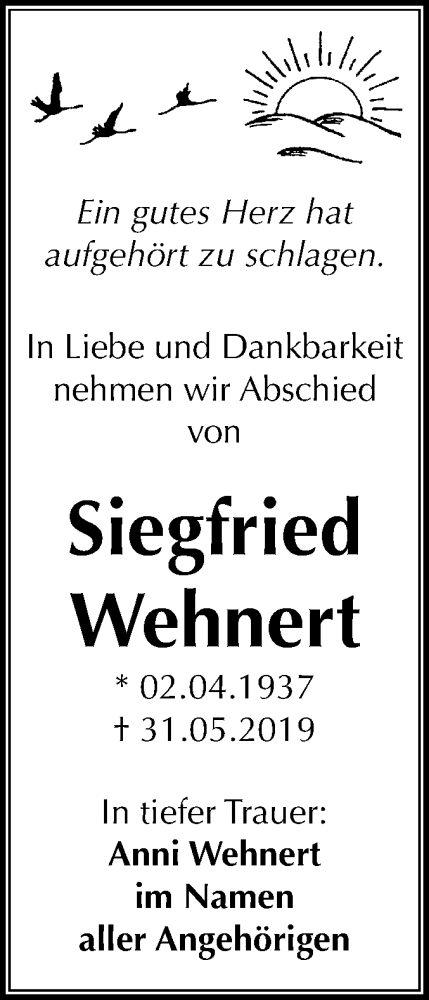  Traueranzeige für Siegfried Wehnert vom 15.06.2019 aus Mitteldeutsche Zeitung Halle/Saalkreis