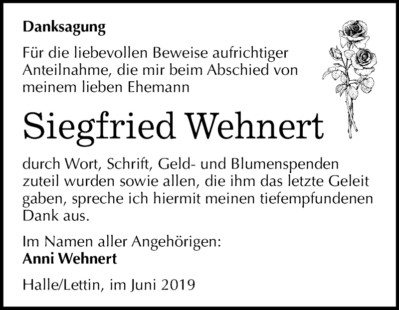  Traueranzeige für Siegfried Wehnert vom 29.06.2019 aus Mitteldeutsche Zeitung Halle/Saalkreis