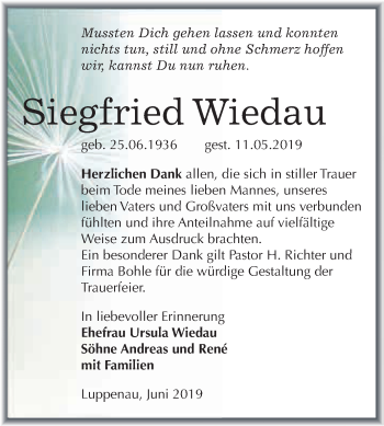 Traueranzeige von Siegfried Wiedau von WVG - Wochenspiegel Merseburg