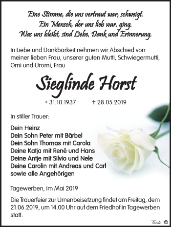 Traueranzeige von Sieglinde Horst von Mitteldeutsche Zeitung Weißenfels