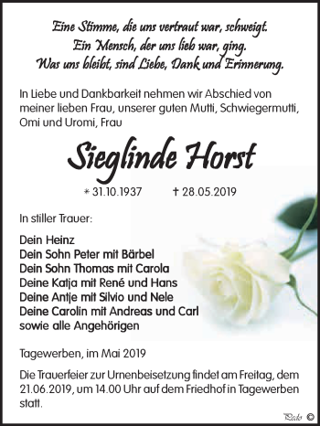 Traueranzeige von Sieglinde Horst von WVG - Wochenspiegel NMB / WSF / ZTZ