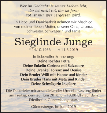 Traueranzeige von Sieglinde Junge von Mitteldeutsche Zeitung