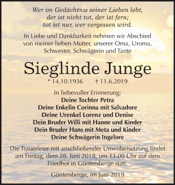 Traueranzeige von Sieglinde Junge von WVG - Wochenspiegel Quedlinburg