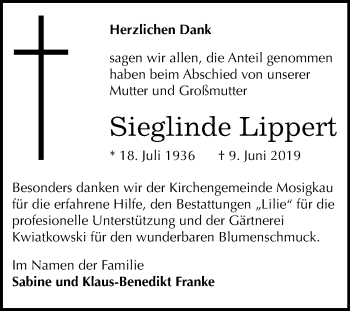 Traueranzeige von Sieglinde Lippert von Mitteldeutsche Zeitung Dessau-Roßlau