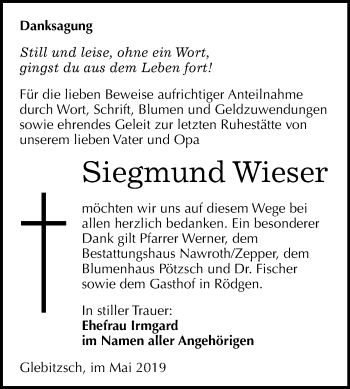 Traueranzeige von Siegmund Wieser von Mitteldeutsche Zeitung Bitterfeld