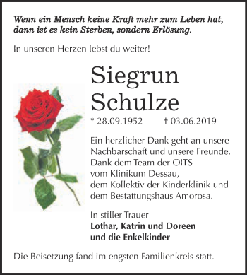 Traueranzeige von Siegrun Schulze von WVG - Wochenspiegel Dessau / Köthen