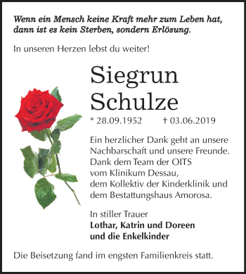 Traueranzeige von Siegrun Schulze von Mitteldeutsche Zeitung Dessau-Roßlau