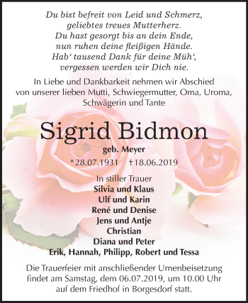 Traueranzeige von Sigrid Bidmon von Mitteldeutsche Zeitung Bernburg