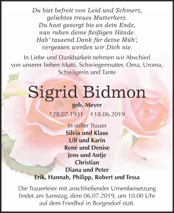 Traueranzeige von Sigrid Bidmon von Super Sonntag Bernburg