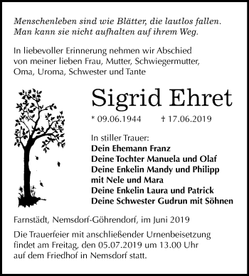 Traueranzeige von Sigrid Ehret von Mitteldeutsche Zeitung Merseburg/Querfurt